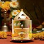Denique Brass & Borosilicate Glass Akhand Diya Decorative Oil Lamp Tea Light Holder Lantern,Medium