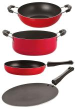 Nirlon 4 pcs of Red, Black Non-stick Aluminium Cookware Gift Set with Bakelite Handle Standard