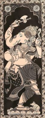 ArtSage Exclusive Hand made painting, Pattachitra Lord Ganesha Dancing on Lotus in Black Background Unframed on Silk Cloth painting for Home & Office (42x16.5 cms)