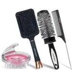 Majestique 4 Pcs Hair Care Set - Paddle, Large Blow Dry, Scalp Shampoo Massager with Tail Comb - Large Cushion for Long Thick Hair, Exclusive Crown Handle - Wet & Dry - Black Matte