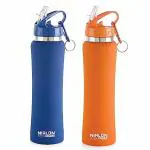 NIRLON Flip Bot Stainless Steel Sipper Rubber Finish Water Bottle with Straw Lid Pack of 2 |Leak Proof|Office|Gym Bottle|Home|Kitchen|Hiking|Treking Bottle|Travel Bottle [Blue & Orange|750ml]