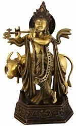 Kalakrithi Metal Lord Krishna Statue with Flute and Cow 50.8 X 35.56 cm