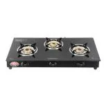 Suryaflame Crystal Mild Steel Black Glass Top Gas Stove with 3 Brass Burner