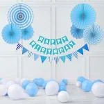 SPECIALYOU.IN Blue And White Theme Birthday Decoration Item Kit For Boys With Blue And White Combo Paper Fans, Flags And Balloons With A Blue V-Cut Happy