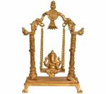 Idol Collections Gold Brass Lord Ganesha Ganesh Murti Statue On Swing, Idol Collections Multicolor Bhagwan Vishnu With Prabhavali Home Decor, 9.4 Inch