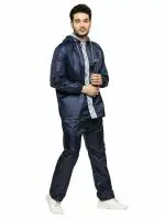 Citizen Real-Reversible Raincoat for Men with Adjustable Hood, Waterproof Pant, Plastic Cap and Carry Pouch | Durable & Lightweight Polyester Rainsuit | Stylish Checks Printed | Navy Blue, XL