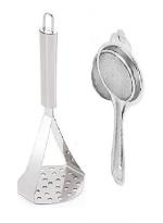 Stainless Steel Big Potato Masher With Stainless Steel Tea Strainer and Multicolour, Pack of 2