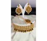 Gyaan Jewels Handmade Gold Plated Alloy Necklace, Earring and Maang Tikka Set Gold (Women) Free Size