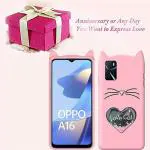 UNILORD Oppo A16 Pink Rubber Love Cat 3D Heart Design Flexible Ear Cat Kitty Girls Back Cover Case