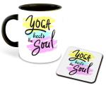 Whats Your Kick Yoga Heals The Soul Quotes Printed Black Ceramic Coffee Mug With Coaster 325 ML