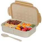 KARTUNBOX Plastic Lunch Box with Spoon Food Container Tiffin for Girls Boys School, Reusable Lunch Box for Office, Round (Brown Lunch Box)