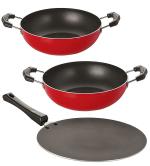Nirlon 3 pcs of Red, Black Non-stick Pot and Pans Cookware Combo Set