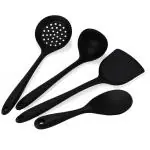 Ramkuwar Silicone Cooking Utensils Set Turner Spatula Skimmer Ladle Spoon Spatula for Frying Draining Stirring (Black) - 4 Piece