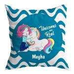 Ashvah Blue Satin Megha Name Unicorn Cushion Cover With Filler-Best Happy Birthday Gift For Daughter, Sister, 12 X 12 Inches