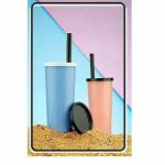 Glass with Inbuilt Straw for Juice and Water Portable Outdoor Sports Children Covered Straw Cup Plastic Juice Bottle Glass With Straw & Airtight Sipper 450 ML (Pack Of 2)