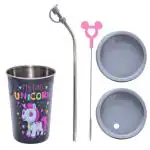 Adore Blissful! The Character Printed Steel Tumbler with Straw Lid Cap, Straw, Straw Brush set- 350ml- Unicorn