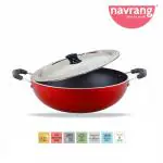 Navrang Red Aluminium Non-Stick Kadai 22cm with Stainless Steel Lid