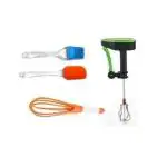 SHOPARAM Kitchen Tools Combo Set Pack of 4- Silicon Basting Spatula, Oil Brush, Manual Power Free Hand Blender/Egg Beater and Plastic Whisk_
