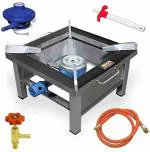 OSR Stainless Steel Square Gas Stove Single Burner Brass Commercial Canteen Bhatti With Fitted Brass Nut Hose Pipe, Valve, Adapter And Lighter - Pack Of 5