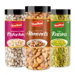 YUM YUM Dry Fruits Combo Pack 450 g ( Almonds, Pistachios & Raisins ) 150 g Jar Each