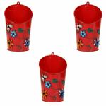 Klassic Beautiful Half Moon Metal Planter Pot with Hanging Hook (Red, Pack of 3)