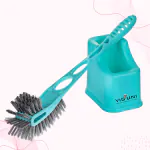 Viguni Toilet Brush With Holder (Pearl) Double Hockey, Superior PET Fiber Bristles, Long Life Heavy Duty, Non-Slip Long Handle, Curved Design, Toilet Brush for Deep Cleaning, Western and Indian Toilet - Blue