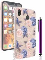 DORRON 3D Floral Back Cover for Samsung Galaxy M20 - Printed Soft TPU Protective and Stylish Girls Case with Stylus Pen - Blue