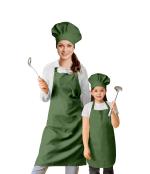 Oasis Cotton Solid Adult and Kid Apron With Matching Chef Cap - Green - 2 Apron & 2 Chef Cap