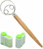Jubilant Danish Dough Whisk, 13.2IN Double-Loop Dutch Bread Dough Whisk Stainless Steel, Wooden Handle Mixer for Cooking Bread Cake Dessert Pizza Pastry (Whisk+2 Green Slicer)