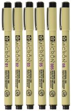 Sakura Pigma Microns - Set of 6 Assorted Nibs, Black Ink, XSDK-6