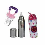 Saugat Traders Stainless Steel Baby Feeding Bottle (300 ML) with Bottle Cover - Silicon Nipple || Fruit Nibbler | Daily Needs Items for Infant/Toddler Upto 3 Years (Multicolor_1)2)