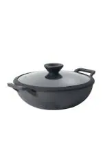 Meyer Black Cast Iron Pre Seasoned Kadhai with Lid for Cooking and Stir Frying 4.5L