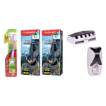Colgate ortho Brush Slim soft Toothbrush Tongue Cleaner shaped bristle design Mouth Clean Soft Toothbrush +Colgate Batman Anticavity Toothpaste For Kids - 80g (Bubble Fruit Flavour) (Pack of 2) + Free wall mount automatic toothpaste dispenser