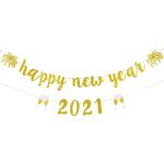 Festiko Happy New Year Decorations 2021, Happy New Year 2021 Gold Glittery Banner, New Years Eve Party Supplies 2021, New Years Holiday Fireplace Mantle