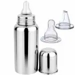 PGD Plain Silver Stainless Steel Baby Feeding Bottle with Sipper and Nipple - 300 ml