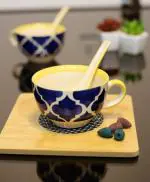 LA TABLEWARE Ceramic Handled Soup Bowls with Spoons Hand Painted in Blue Floral pattern 300 ml (Set of 2)