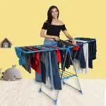 Houseware Silver and Blue Stainless Steel Foldable Cloth Drying Stand for Balcony