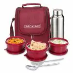 FOOD N FOOD Stella 3 Lunch Box Microwave Safe, BPA Free Lids with Softline Bag Stainless Steel Lunch Box (400ml each), 1 Stainless Steel Water Bottle (750 ml), 1 Steel Fork & 1 Spoon (Black)
