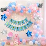 Hemito Happy Birthday Decoration Kit 80pc Combo with Birthday Banner Blue Color, Pink, Blue, White (60 Balloon) & 4pc Star Foil Balloon, 1pc Light, Ribbon, Balloon Arch for Birthday Decoration (Set of 68)