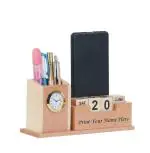 SHIVOM CRAFTS Wooden Desk Organizer with Clock, Wooden Mobile Holder with Multiple Pen Pencil Holder, Get Name Printed (L-19.5 cm B-7 cm H-9.5 cm, Multicolor)