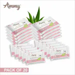 Ammy Soft Cleansing Baby Gentle Wet Wipes Pocket, Wallet & Handy Size| Enriched With Aloe Vera, Vitamin E & Chamomile Extracts| 20 Counts, Pack of 20
