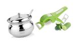 BLUE WONDER Stainless Steel Multipurpose Ghee Pot/Pickle Container with Spoon With Steel Blade Plastic Body Bhindi Cutter and (Multicolour, Pack of 2)
