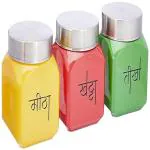 Storehaus Pickle Jar Set Glass -Metalic Lid 350 mL (Set of 3), Premium Color Coated & Printed Round Shape Container, Jar, Lead Free Glass, Food Grade Glass, Truly Air Tight, (Green + Red +Yellow)