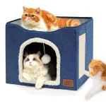 Qpets Cat Beds For Cats Large Cat House Cat Cave For Pet Cat House With Fluffy Ball Hanging Toy And Scratch Pad, Foldable Cat House Cat Hidewawy, Blue, 16.5X16.5X14 Inches