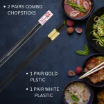 Hichaki 2 Pairs Plastic Gold & Flower White Chopstick - Reusable Chop Sticks for Noodles Sushi | Hotpot Square | Lightweight | Dishwasher Safe