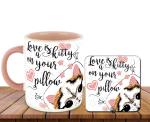 Whats Your Kick Cat Theme Love is Kitty Printed Pink Ceramic Coffee Mug with Desky 325 ML