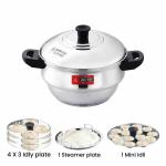Eurostyle Compact 12 Prime Idli Pot with Encapsulated Sandwich Bottom Stainless Steel, 3 Idli Plates (12 Pits),1 Steamer & 1 Mini Idli Plate For Idli & Dhokla (EUS_SB_E_Compact_12_Prime)