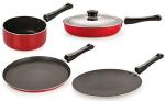 Nirlon 4 pcs of Red and Black 3 Layer Non-stick Aluminium Coated Dishwasher Safe Kitchenware Essential Combo Set, Standard