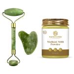 Mommy Veda Combo of Multani Mitti and Travel-Friendly Jade Roller with Gua shua Mommy Veda Facial Massager Jade Roller & Gua Sha Tool Natural Himalayan Stone for Face Neck Healing Skin Wrinkles & Serum Application, Face Roller with Multani Mitti