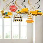 Zyozique 6 Pieces Construction Birthday Party Hanging Swirl Decoration, Traffic Zone Birthday , Construction Trucks Party Supplies, Stop Signs Tractor Bulldozers Dump Truck Party Foil Swirls